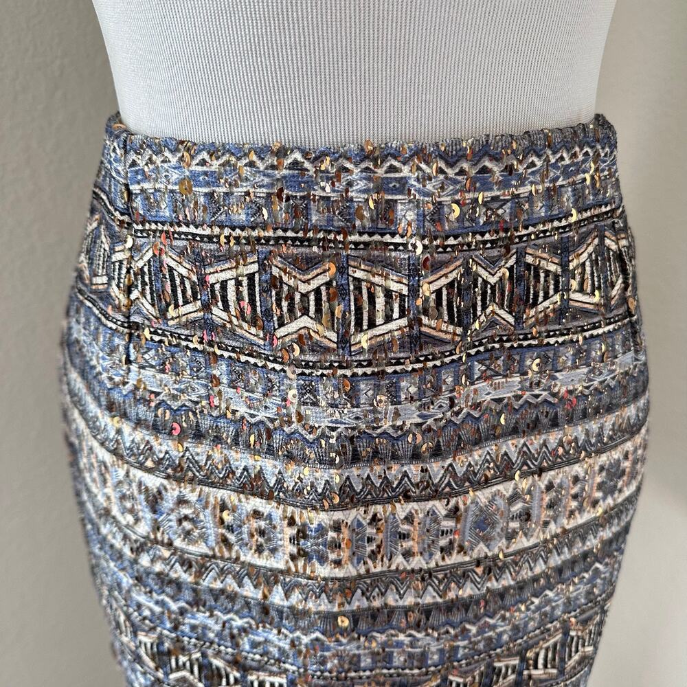 Boho Tribal Embellished Mini Skirt Blue Gold Sequin Elastic Waist - Picture 4 of 5